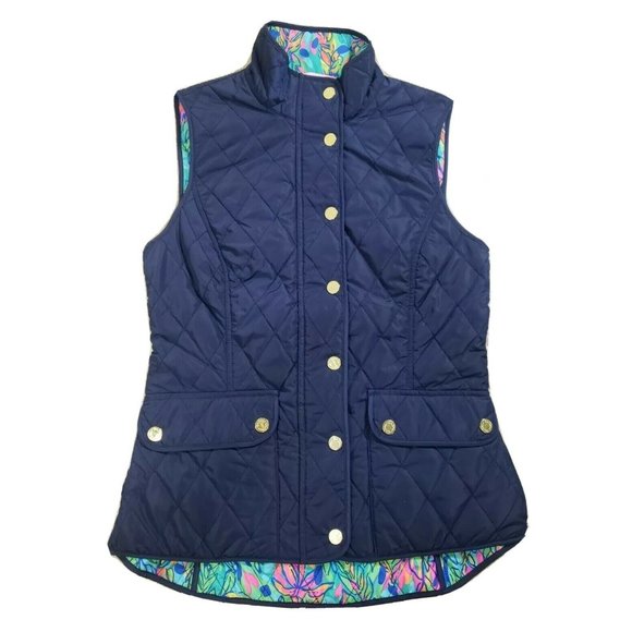 Lilly Pulitzer Getaway Quilted Vest Blue Lightweight Snap Zip Front XS XSmall - Picture 1 of 10